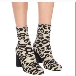 Miu Miu Leopard Print Jacquard Sock Ankle Boots Black Beige Chic Block Heel EU38